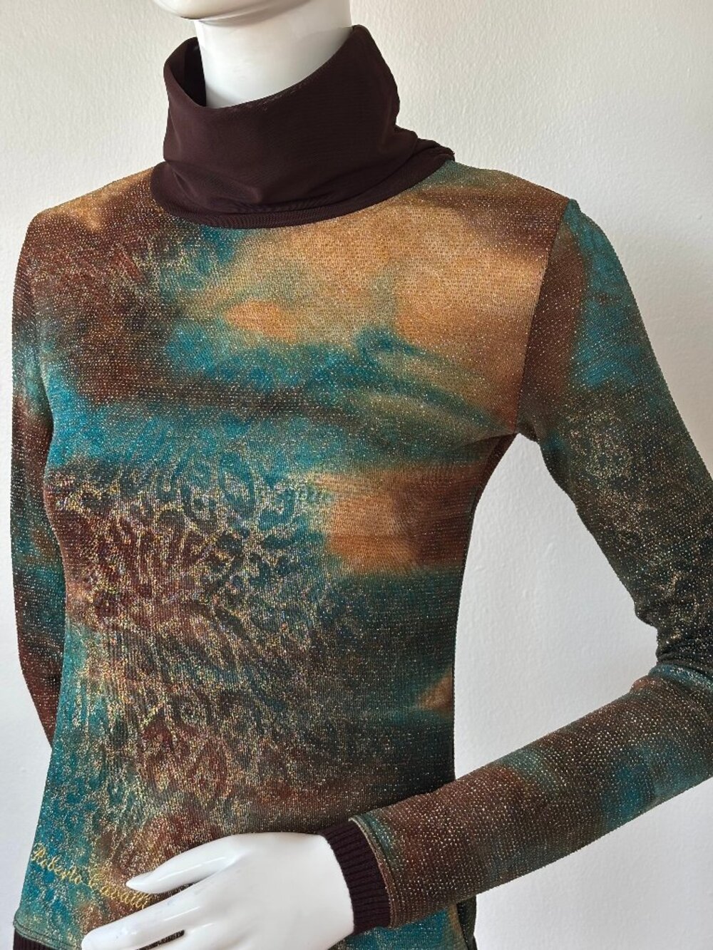 Roberto Cavalli Y2K Metallic Lurex Mesh Turtleneck Top Made in Italy